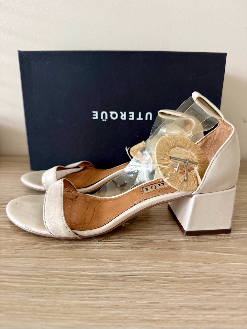 Uterque Ivory Block Heel Sandals with Raffia Buckle